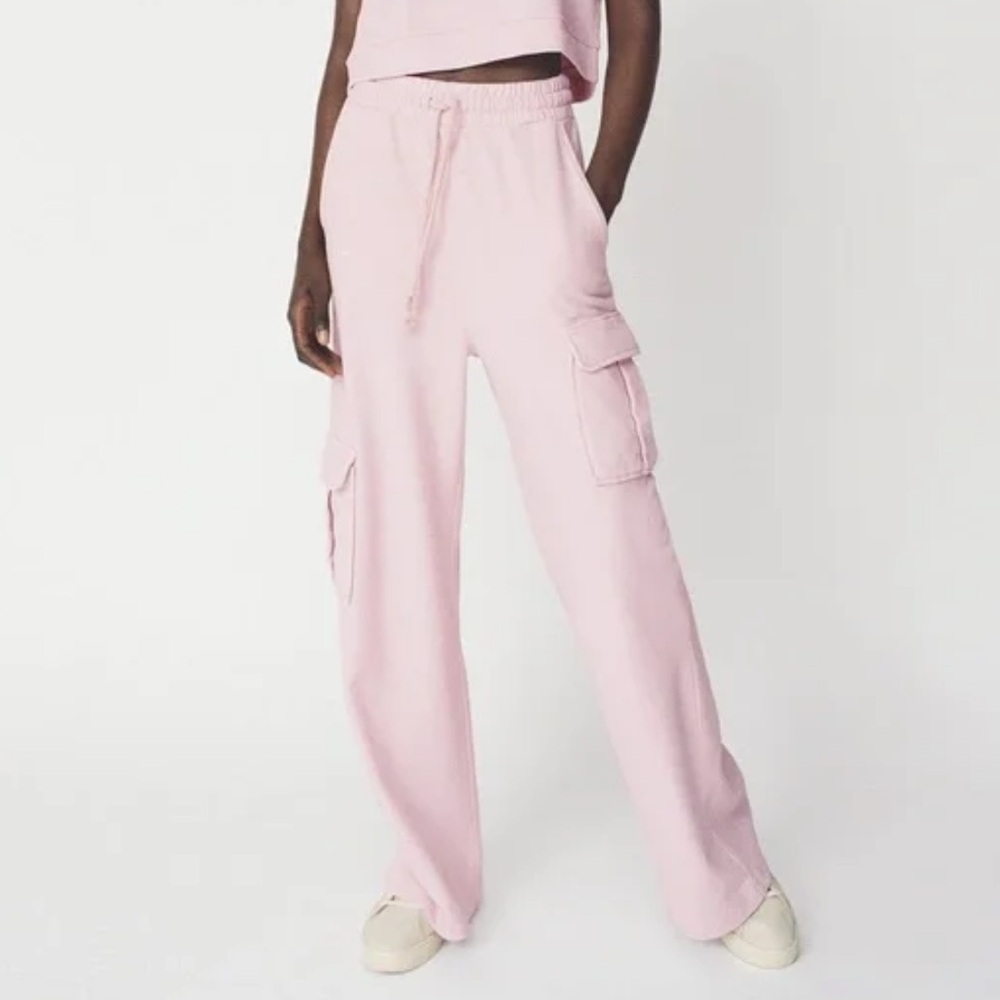 Zara Pale Pink Wide-Leg Cargo Sweatpants Large/Cotton